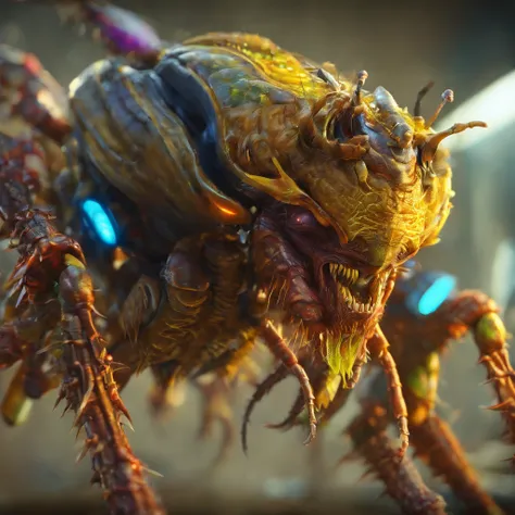 "(best quality,4k,8k,highres,masterpiece:1.2),ultra-detailed,(realistic,photorealistic,photo-realistic:1.37),close-up shot,alien creature,gotcha,yellow,fierce,extraterrestrial insect,mechanical space bug,insectoid,Chitinous,giant sharp fangs,Swarm-like,bio...