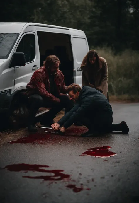 One man cuts another man with a knife，On the ground lay a woman covered in blood，There are two vans parked on the side of the road