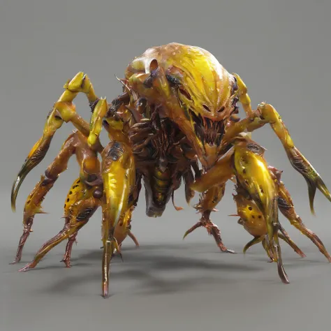 A close-up of a yellow alien bug with large fangs, zerg, Zerg StarCraft, A scene from the《StarCraft》, space insect android, insect like, Shogoth, changelingcore, Creature - Mecha face, Swarms of mutant creatures, zerg hydralisk, detailed maw, Alien biologi...