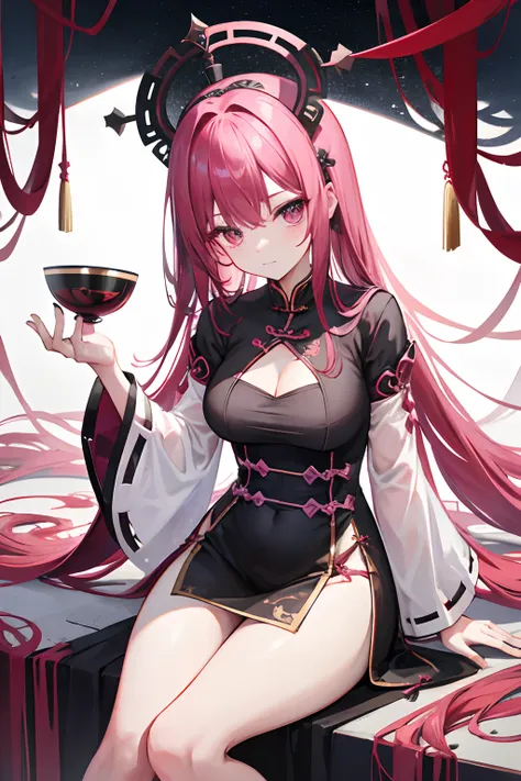 Dark pink hair，with long coiled hair，Black belly，veneno，Dark Royal Sister，Hanfu，show legs，China-style，Black cheongsam，poison