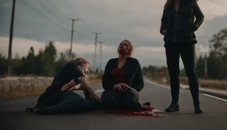 One person cuts another with a knife，On the ground lay a woman covered in blood，There are two vans parked on the side of the road