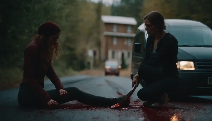 One person cuts another with a knife，On the ground lay a woman covered in blood，There are two vans parked on the side of the road