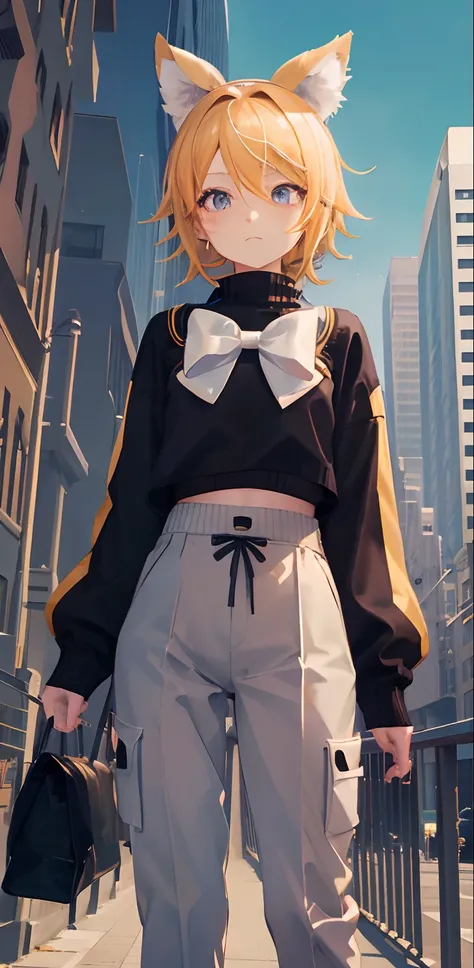 master piece, best quality, absurdities, perfect anatomy, 1 girl, alone, Kagamine Rin, short fur, bow, pullover, ribbed sweater, long sleeves, high waist pants, outdoors, city