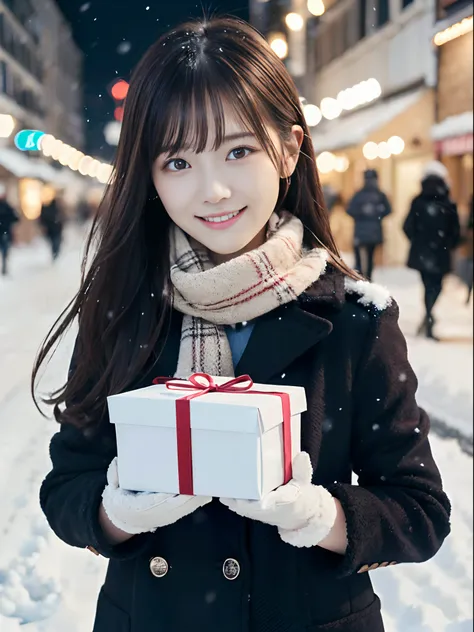 (A close-up of one girl is、Has long hair with dull bangs in a winter uniform and scarf coat:1.5)、(One girl with a shy smile、Holding a gift box with gloves in hand:1.5)、(Snowy winter night street corner and Christmas lights:1.5)、(Perfect Anatomy:1.3)、(No ma...