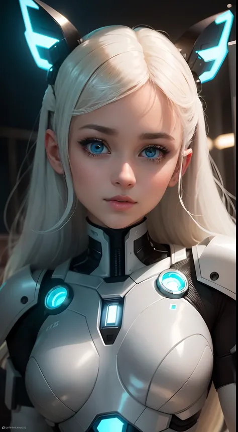 Menina da internet do corpo inteiro com rabo de cavalo. O rosto de Ariana Grande. Bright white indicates that she is a cybernetic girl with a white laser rifle. Sobrancelhas brancas. Roupas como roupas de gato. She also has bright blue eyes. The environmen...