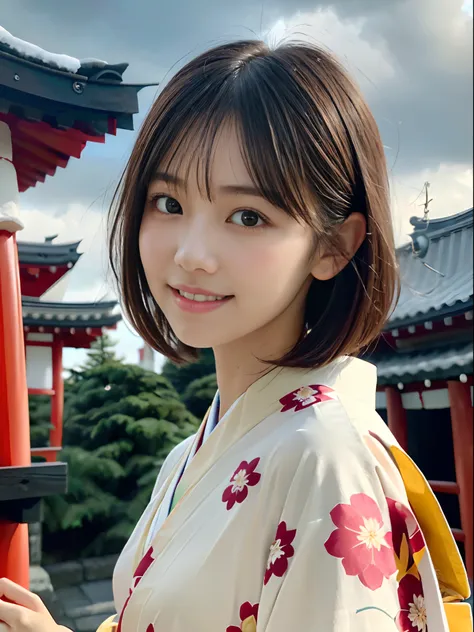 (close up portrait of girl has short hair with dull bangs in beautiful colorful kimono:1.5)、(one of the girls worshipping the sh...