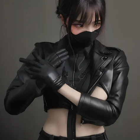 Young Japan woman lifting black suit onto shirt, Black leather gloves worn on both hands, Hands of woman in black suit and black leather gloves in front of you