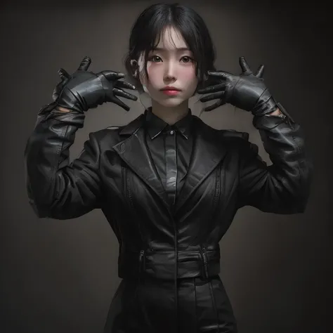 Young Japan woman lifting black suit onto shirt, Black leather gloves worn on both hands, Hands of woman in black suit and black leather gloves in front of you