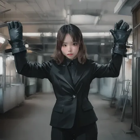 Young Japan woman lifting black suit onto shirt, Black leather gloves worn on both hands, Hands of woman in black suit and black leather gloves in front of you