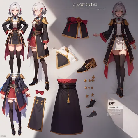 anime - style image of a character with a variety of hair and accessories, anime set style, anime character reference sheet, fantasy uniform, flat anime style, anime full body illustration, full_body!!, complete detailed body, extra detailed body, anime vt...