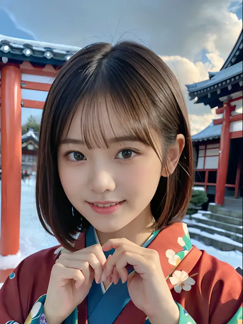 (Close up portrait of girl with dull bangs dumpling hair in beautiful colorful kimono:1.5)、(One of the girls worshipping the shrine of Japan with a smile:1.3)、(A shrine in Japan with a winter sky:1.5)、(Perfect Anatomy:1.3)、(No mask:1.3)、(complete fingers:1...