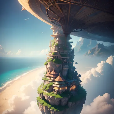 Uninterrupted panoramic view、Many islands々floats in the air、Many small airships are flying around, world map、Fantasia, Magic plants are growing, Extreme details, Realistic light, Magnificent composition, (intricate-detail), (intricate designs, ultra-detail...