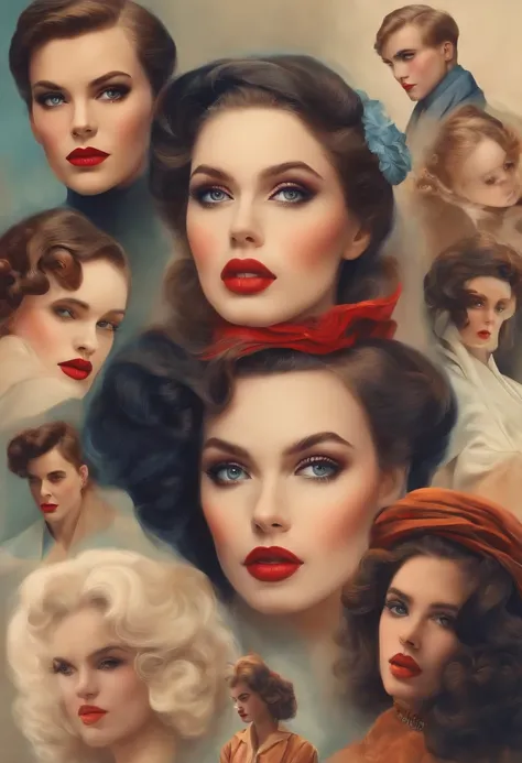 multiple expressions, multiple poses, different outfits, high color, surreal, retro, pencil, beautiful face, high detail face