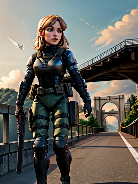 best quality, walking over a bridge, wearing tactical gear and body armor, bats in the sky, c4ttitude, highly detailed, masterpiece