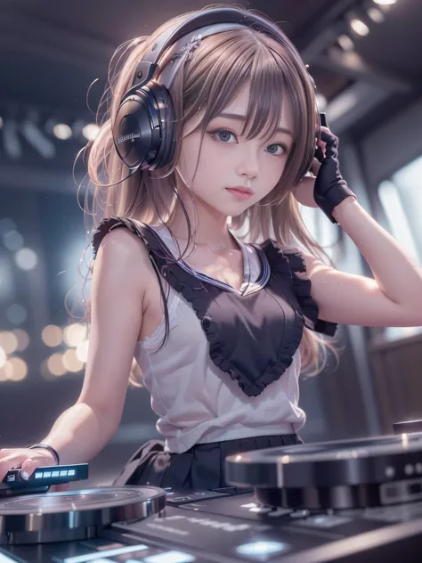 RAW image quality、8K分辨率、Ultra-detailed CG footage、Alafed woman in DJ venue wearing headphones, ((A look tinged with joy，Ephemeral woman))，nightcore, With headphones, Kantai Collection Style, Soft lighting, with head phones, DJ female, anime moe art style，I...