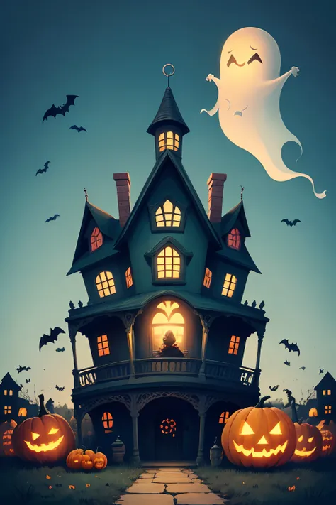 A cute and colorful cartoon haunted house with a friendly-looking ghost sitting on the roof. The house is decorated with pumpkins, bats, and spiderwebs. The sky is blue and sunny, and the overall scene is fun and festive.