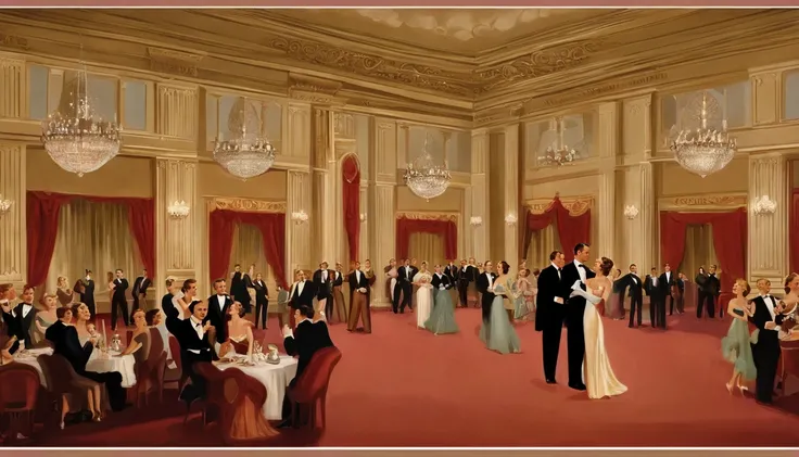 /imagine prompt: Illustration of a ballroom, pessoas conversando, american postcard art style, 1 9 4 0 setting, Directed by: Maurice Braun, Os cinco e centavos de Walton, Directed by: Wayne Reynolds, 1 9 4 0 s cenas de baile, Vintage postcard, Directed by:...