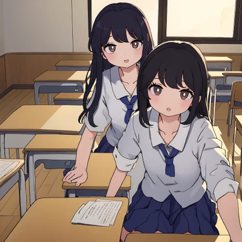 (​masterpiece) 1girl in　校服　kawaii　‎Classroom　schools　Sitting at a desk　The girl is wearing a uniform and looks at me as if to seduce me.　schools　pupils on