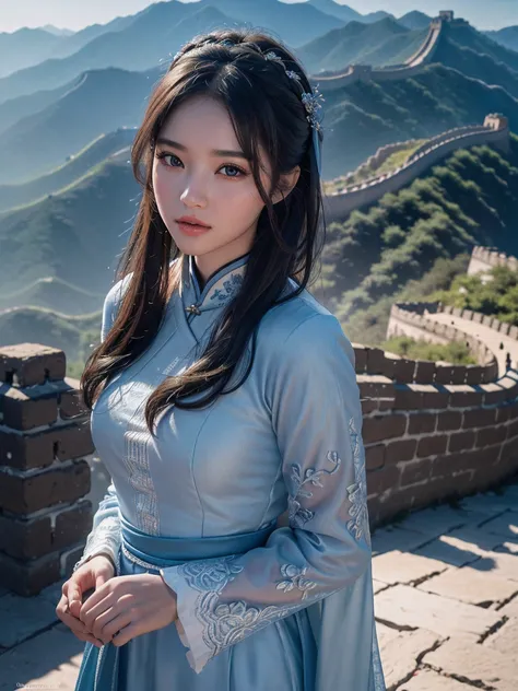 1 girl, On the Great Wall of China,full body, eautiful detailed eyes,beautiful detailed lips,Extremely detailed eyes and face,Long eyelashes, enchanting landscape,(Best quality,4K,8K,A high resolution,Masterpiece:1.2),Ultra-detailed,(Realistic,Photorealist...