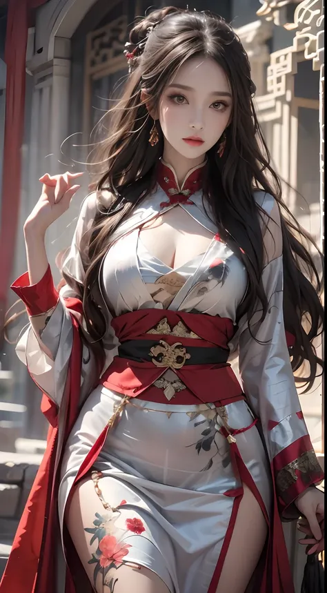 Photorealistic, high resolution, 1 woman, Hips up, Beautiful eyes, Long hair, ringed eyes, jewelry, tattoo, Hanfu, Chinese fairy, Taoist uniform