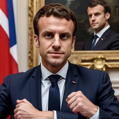 An 8K resolution image of Emmanuel Macron during his first meeting with Donald Trump in Brussels in 2017. His face is in a detailed frontal view, displaying a mix of determination, focus, and diplomatic resolve. His eyes are engaged, meeting Trumps gaze, a...