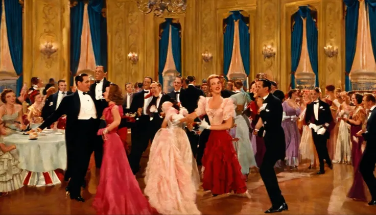 Illustration of a ballroom, pessoas conversando, american postcard art style, 1 9 4 0 setting, Directed by: Maurice Braun, Os cinco e centavos de Walton, Directed by: Wayne Reynolds, 1 9 4 0 s cenas de baile, Vintage postcard, Directed by: Dennis Ashbaugh,...