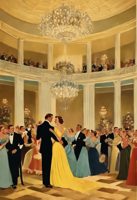 /imagine prompt: Illustration of a ballroom, pessoas conversando, american postcard art style, 1 9 4 0 setting, Directed by: Maurice Braun, Os cinco e centavos de Walton, Directed by: Wayne Reynolds, 1 9 4 0 s cenas de baile, Vintage postcard, Directed by:...