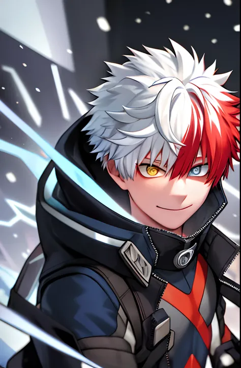 horikoshi kouhei, 1boy, bangs, blue eyes, blurry, blurry background, boku no hero academia, burn scar, closed mouth, coat, from side, gugugunogu, heterochromia, highres, jacket, multicolored hair, red hair, scar, scar on face, smile, solo, todoroki shouto,...