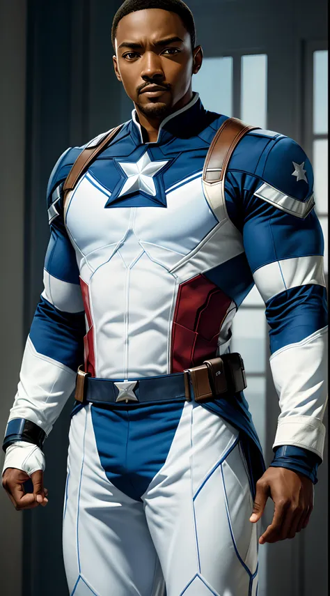 anthony mackie is Captain America wearing (((white and blue uniform))) super strong, muscular, ABS, Bodybuilder, 35mm lens, photography, ultra details, HDR, UHD,8K