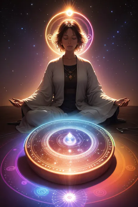 resonance integration of the higher mind and physical mind. Feeling whole nature as I am. Expanding consciousness to the whole universe. rainbow-like deep background. polite, quiet, and spiritual 40-year-old women making circle together and looking at the ...