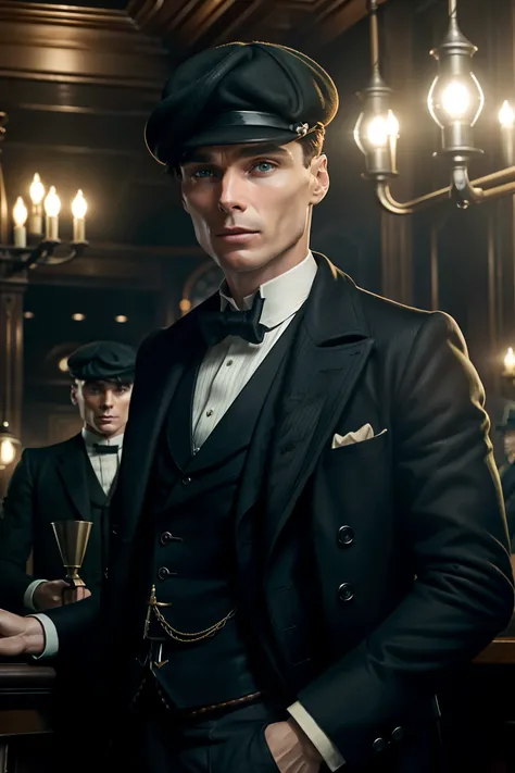 - 1 Male Cillian Murphy as Tommy Shelby, realistic portrait, face detailed, Boina de peaky blinders , lighting cinematic, England in the 30s, assis dans un bar en fumant une cigarette