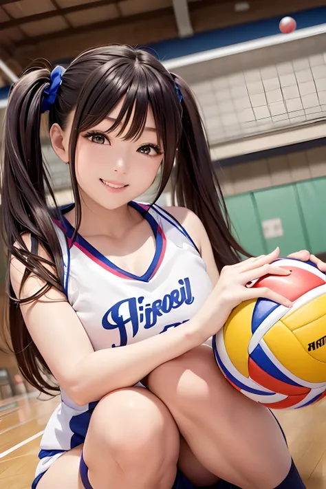 FULL BODYSHOT、an oil painting、​masterpiece、top-quality、hight resolution、side poneyTail、Bunching your hair with scrunchies、Cheerful woman、A smile、Volleyball Uniforms、Volleyball players、I have a volleyball、