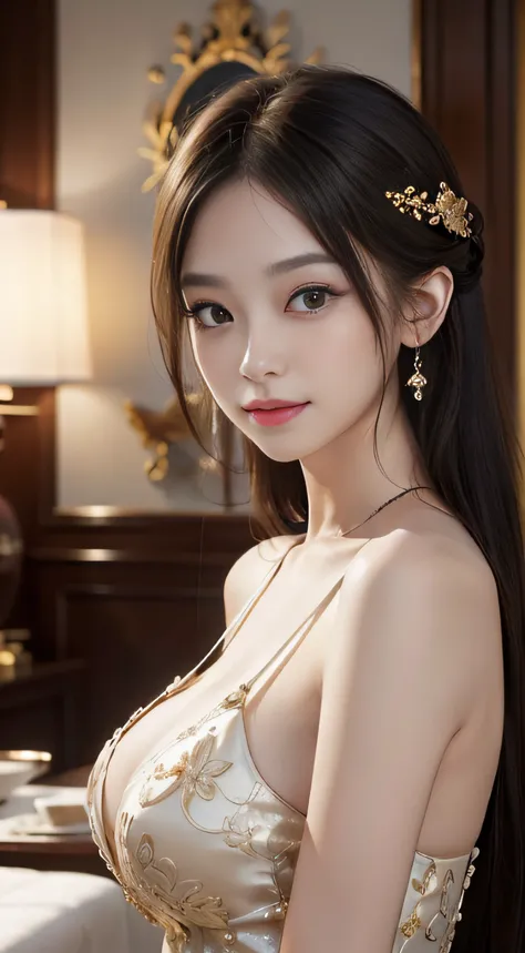 ​masterpiece、Top image quality:1.2、((beautiful young woman with))、Transparent skin:1.2、{A slight smil}、(kawaii)、Luxury Hotel Hall、depth of fields