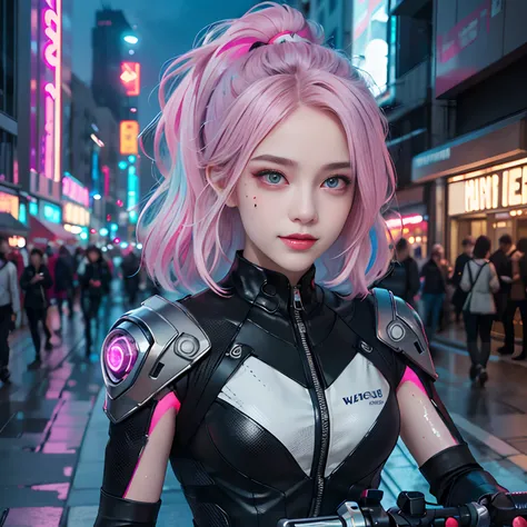 masutepiece, Best Quality, Confident cyberpunk girl, Full body shot, ((Stand in front of the motorcycle)), Pop costumes inspired by Harajuku, Bold colors and patterns, Eye-catching accessories, Trendy and innovative hairstyles, Bright makeup, Cyberpunk daz...