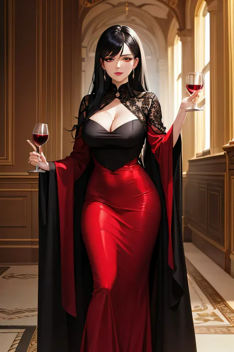 Villain, stepmother mature, beautiful woman, beautiful black hair, holding a glass of wine, wearing a red clothes