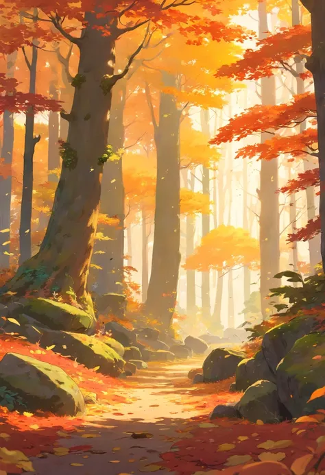 Best quality,Ultra-detailed,Realistic,landscape,Autumn,Beautiful warm colors,Sunlight shines through the trees,vibrant foliage,Tranquil atmosphere,Fresh air,subtle mist,Fallen leaves cover the earth,The sun peeps through the canopy,Dappled light,Quiet sile...