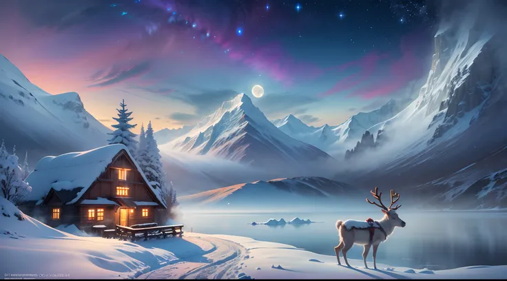 Best quality,A high resolution,(Masterpiece:1.2),Northern Lights,((Towering snow-capped mountains)), (cottage house covered in snow),(reindeer),(sled),(​​clouds),mist,(moon),(galaxy), Breathtaking landscapes, Icy cliffs, Frozen lake, peacful, Majestic beau...