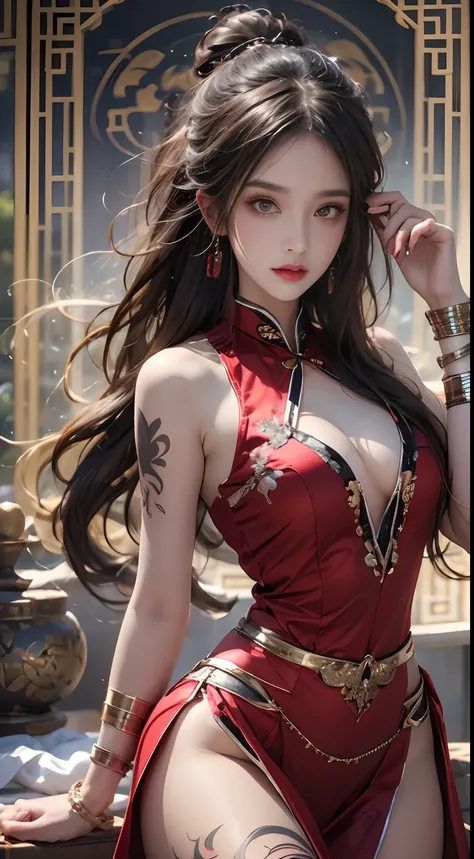 Photorealistic, high resolution, 1 woman, Hips up, Beautiful eyes, Long hair, ringed eyes, jewelry, tattoo, Hanfu, Chinese fairy, Taoist uniform