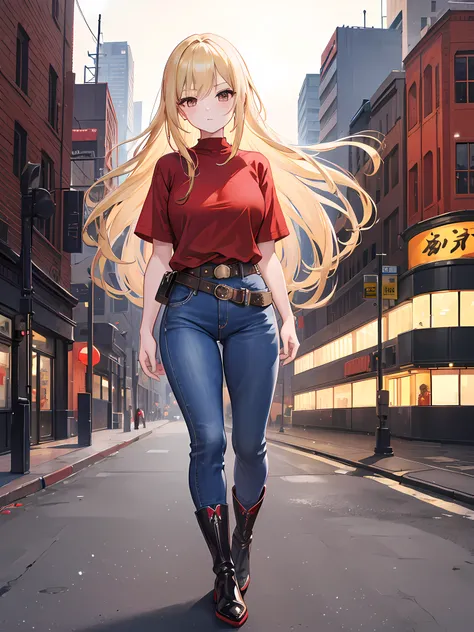 1girl, waist length blond hair, brown eyes, wearing red shirt, light denim jeans with black belt, knee high black boots, city, absurdres, high res, ultrasharp, 8K, masterpiece, looking at viewer