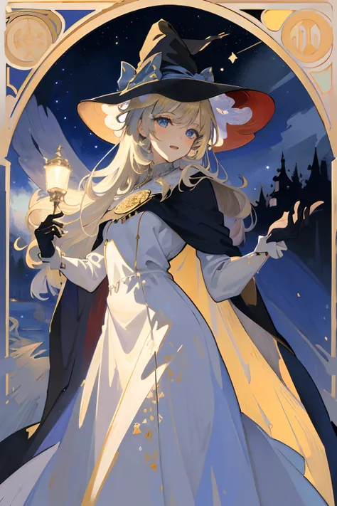 ((Masterpiece: 1.2, Best Quality)), 1girl, Solo, (Witch Hat), Blonde, Long Hair, Dress, Aurora, Night, Stars (Sky), Gloves, Sky, White Dress, Night Sky, Open Mouth, Starry Sky, Blue Eyes, Ribbon, Very Long Hair, Red Dress, Smile, Hair Ribbon, Cloak, Blue H...