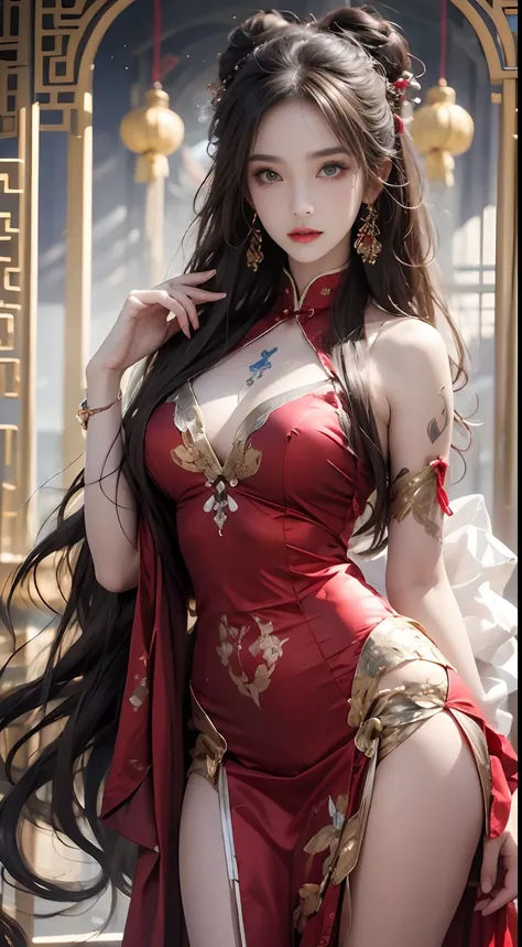 Photorealistic, high resolution, 1 woman, Hips up, Beautiful eyes, Long hair, ringed eyes, jewelry, tattoo, Hanfu, Chinese fairy, Taoist uniform