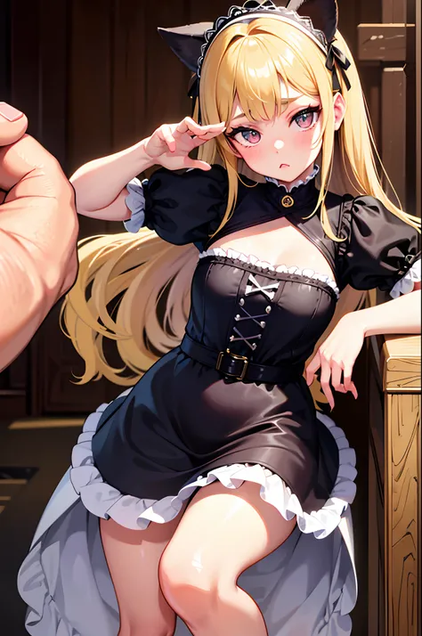 A cute and small young girl with puffed-out cheeks and an offended face, dressed in a catgirl maid uniform, striking a funny pose. The girl has adorable and detailed eyes, beautiful detailed lips, long eyelashes, and extremely detailed face. She has slight...