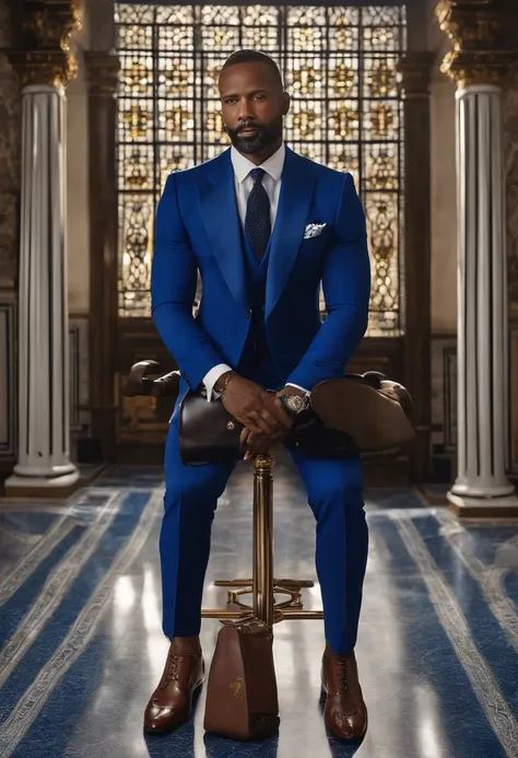 Certamente, refinar ainda mais o pedido para um retrato 8K ultrarrealista de um distinto cavalheiro de cabelos curtos na casa dos 40 anos, com olhos negros penetrantes. He is impeccably dressed in a meticulously tailored royal blue suit, complementado por ...