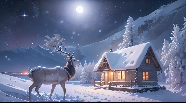 Best quality,A high resolution,(Masterpiece:1.2),extreme light,((Tall snowy mountains)),(cottage house covered in snow),(reindeer),(sled),(moon),(glittering stars), Breathtaking landscapes, Icy cliffs, Frozen lake, peacful, Majestic beauty, (the night), et...