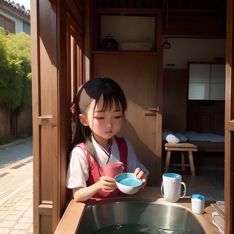 Guoguo drinks water in the small house