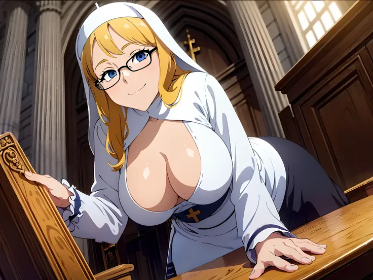1girl, blond hair, Catholic nun, smile, ((large breasts)), church, glasses, BREAK (solo), povfellatio, 1boy, penis, fellatio, pov, ass, top-down bottom-up, close up