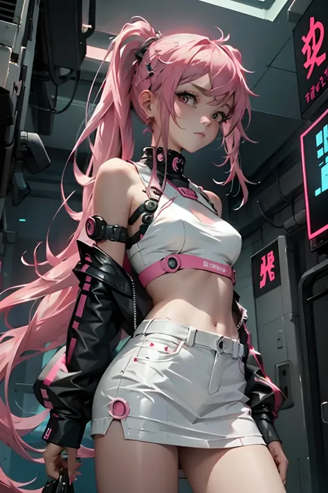 Beautiful woman pink twin tail long hair、cyberpunk style short clothes、gazing at viewer、front facing、