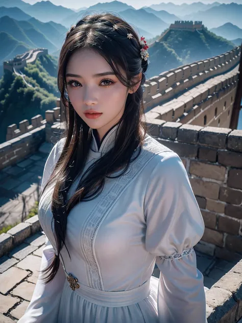 1 girl, On the Great Wall of China,full body, eautiful detailed eyes,beautiful detailed lips,Extremely detailed eyes and face,Long eyelashes, enchanting landscape,(Best quality,4K,8K,A high resolution,Masterpiece:1.2),Ultra-detailed,(Realistic,Photorealist...