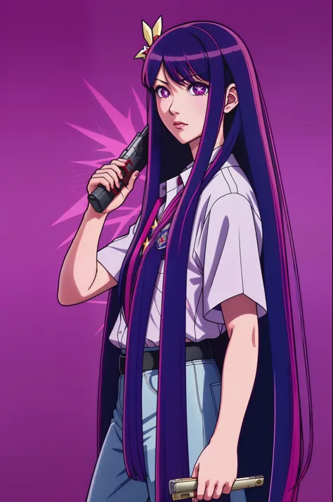 gtasa2004
cartoon of  loading screen  in Hoshino Ai, long hair, purple hair, streaked hair ,purple eyes, star-shaped pupils, hair ornament, holding a gun in tokyo