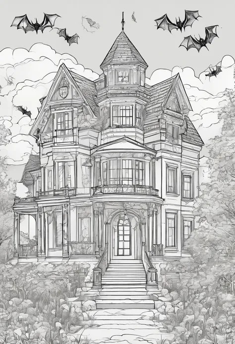 ((A coloring page of  A spooky mansion with bats flying around.
.} )), (masterpiece), (coloring page), line art drawing, minimalist, graphic, (line art), vector graphics, Clear and Distinct Lines, Intricate Patterns,Varied Line Weights, Smooth curves, Bold...